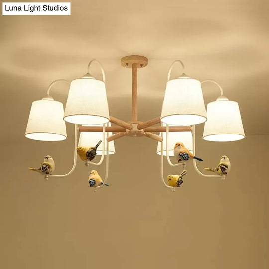 Contemporary Chandelier Light With Tapered Shade - Fabric & Wood Ideal For Child Bedroom