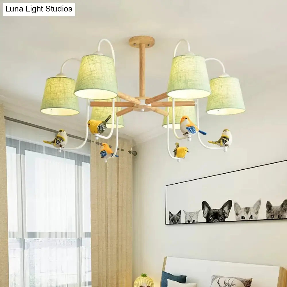 Contemporary Chandelier Light With Tapered Shade - Fabric & Wood Ideal For Child Bedroom