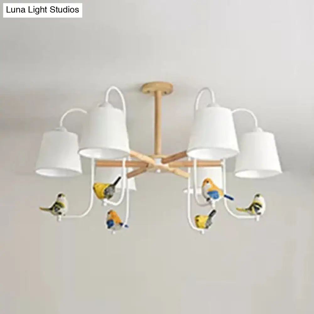 Contemporary Chandelier Light With Tapered Shade - Fabric & Wood Ideal For Child Bedroom