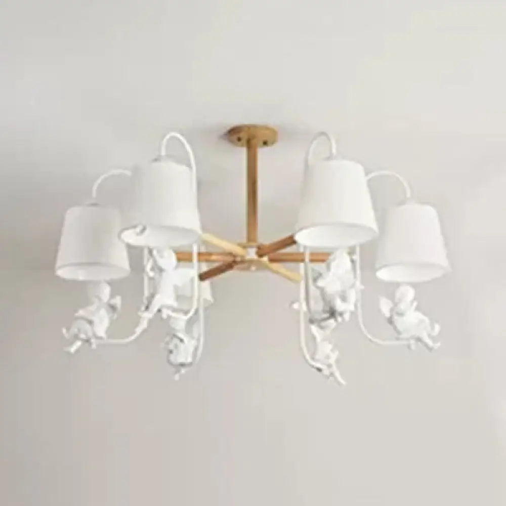 Contemporary Chandelier Light With Tapered Shade - Fabric & Wood Ideal For Child Bedroom 6 / White A