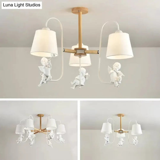 Contemporary Chandelier Light With Tapered Shade - Fabric & Wood Ideal For Child Bedroom