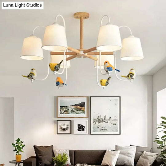 Contemporary Chandelier Light With Tapered Shade - Fabric & Wood Ideal For Child Bedroom