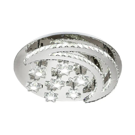 Contemporary Chrome Flush Light With Clear Crystal Moon And Star Design - Led Close To Ceiling Lamp