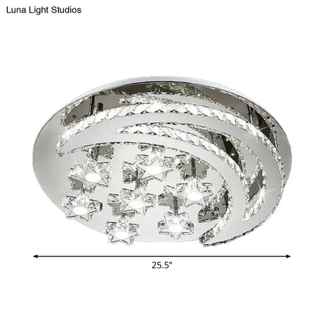 Contemporary Chrome Flush Light With Clear Crystal Moon And Star Design - Led Close To Ceiling Lamp