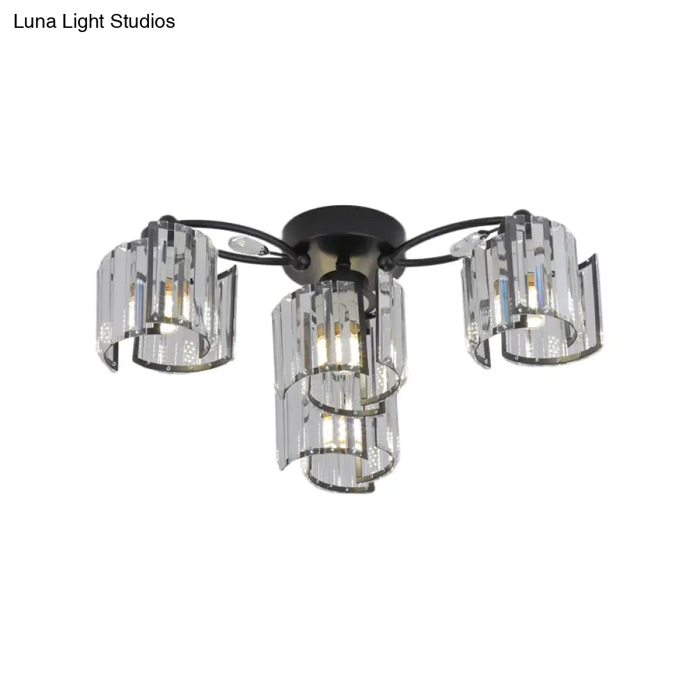 Contemporary Clear Crystal Block Semi - Mount 4/6 - Light Fixture - Black Finish