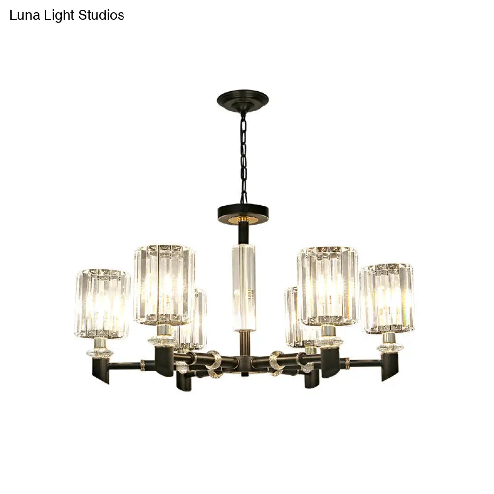 Contemporary Clear Crystal Chandelier With Black Metal Frame - 3/6 Bulb Cylinder Shade Ceiling Light