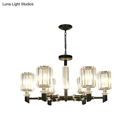 Contemporary Clear Crystal Chandelier With Black Metal Frame - 3/6 Bulb Cylinder Shade Ceiling Light