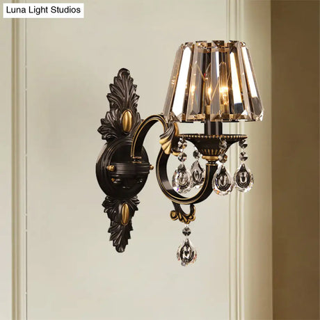 Contemporary Clear Crystal Conic Wall Sconce: 1-Bulb Black/Brass Finish Lighting For Corridor