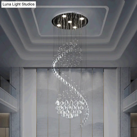 Contemporary Clear Crystal Spiral Pendant With 5 Led Lights - Stylish Living Room Hanging Lamp