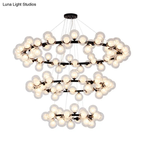 Contemporary Clear Glass Bubble Chandelier Light - Black Finish 2/3 Tiers Metal Ring Hanging Lamp