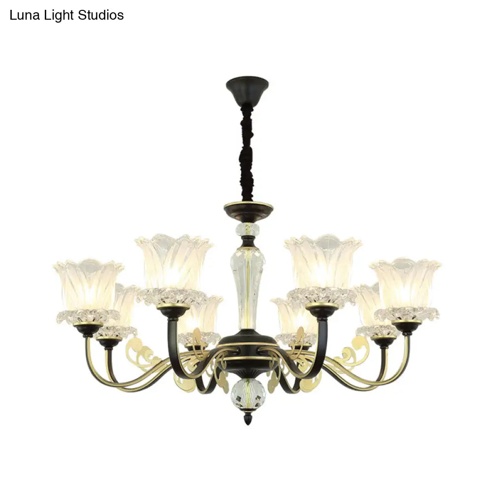Contemporary Clear Glass Flower Pendant Light - Black Chandelier With 6/8/10 Heads