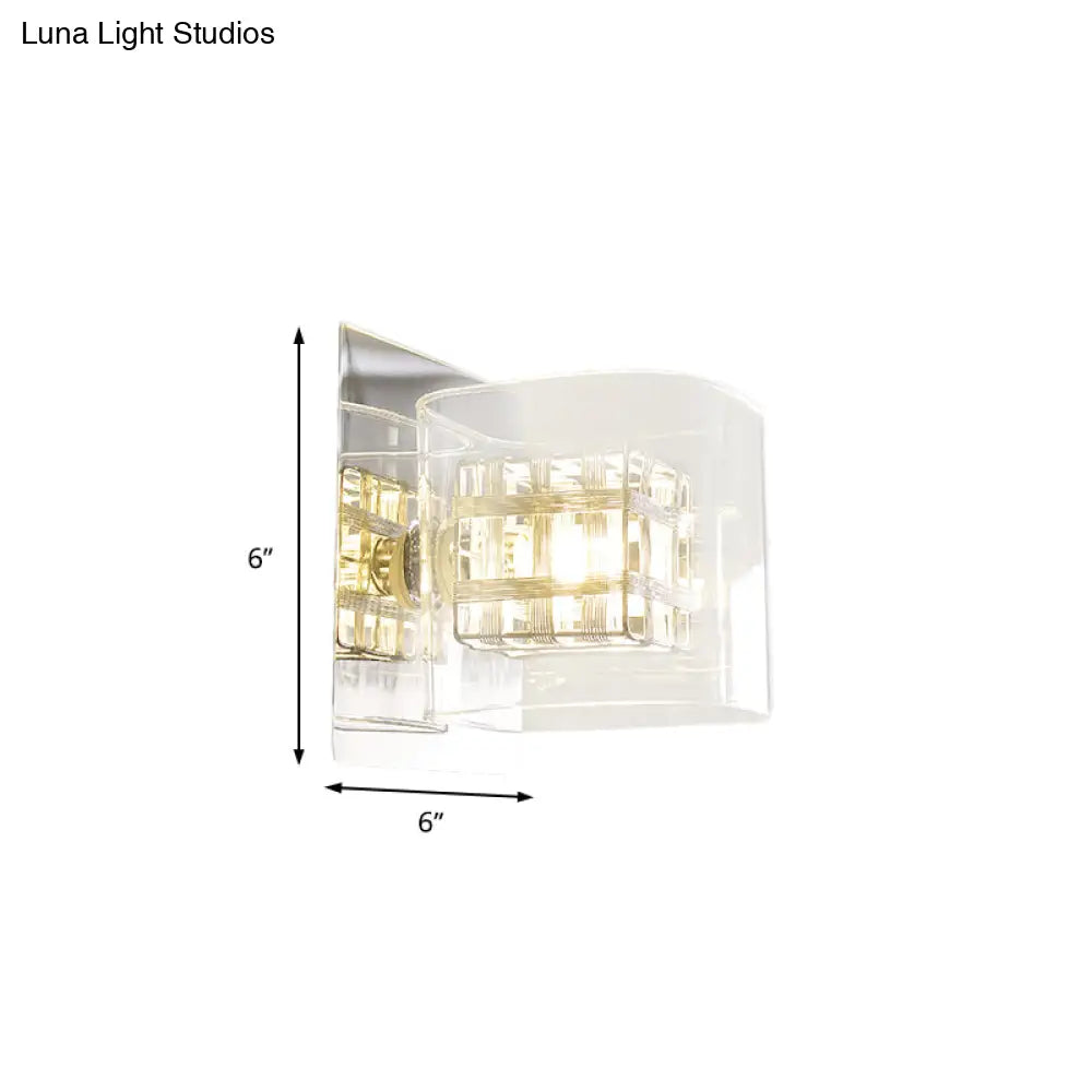 Contemporary Clear Glass Wall Sconce With Chrome Inner Wire Shade - Ideal For Corridors 1 Light Lamp
