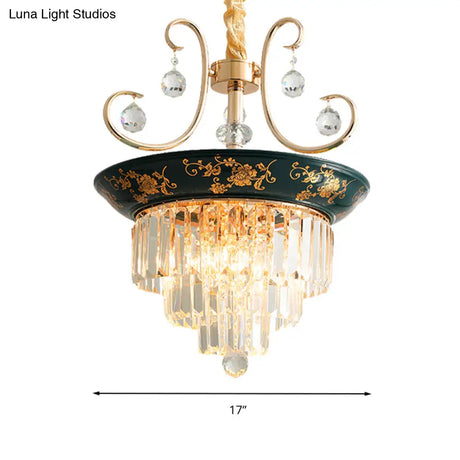 Contemporary Cone Crystal Rod Ceiling Light 3/5 Heads With Green/Dark Green Chandelier Illumination