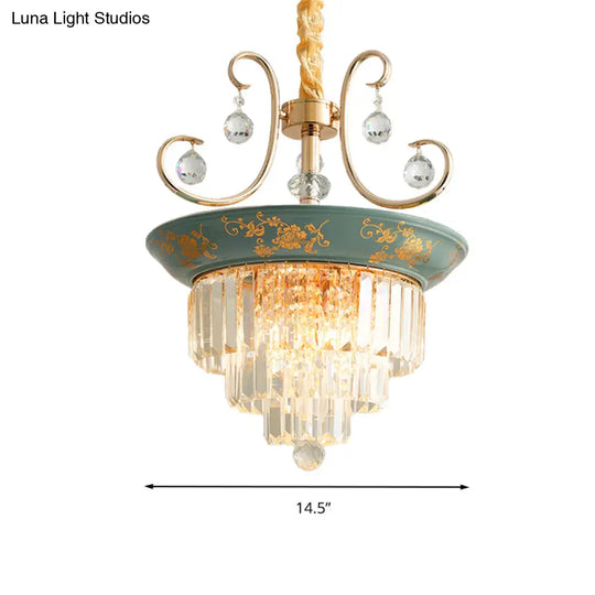 Contemporary Cone Crystal Rod Ceiling Light 3/5 Heads With Green/Dark Green Chandelier Illumination