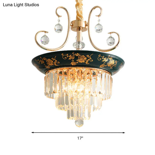 Contemporary Cone Crystal Rod Ceiling Light 3/5 Heads With Green/Dark Green Chandelier Illumination
