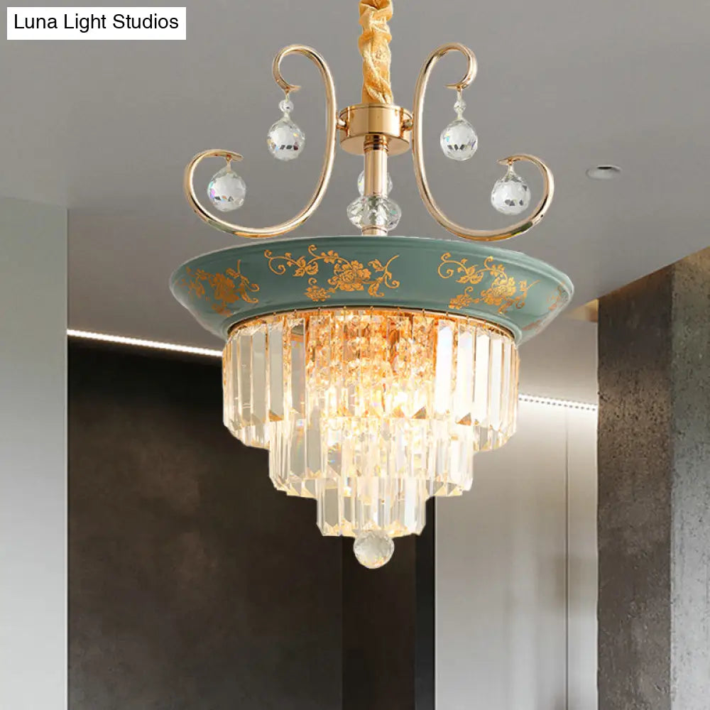 Contemporary Cone Crystal Rod Ceiling Light 3/5 Heads With Green/Dark Green Chandelier Illumination