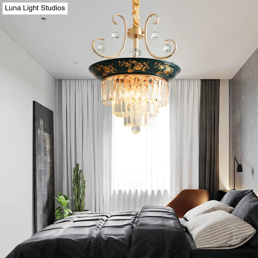 Contemporary Cone Crystal Rod Ceiling Light 3/5 Heads With Green/Dark Green Chandelier Illumination