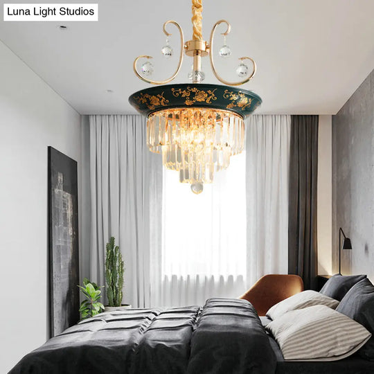 Contemporary Cone Crystal Rod Ceiling Light 3/5 Heads With Green/Dark Green Chandelier Illumination