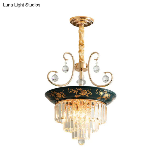 Contemporary Cone Crystal Rod Ceiling Light 3/5 Heads With Green/Dark Green Chandelier Illumination