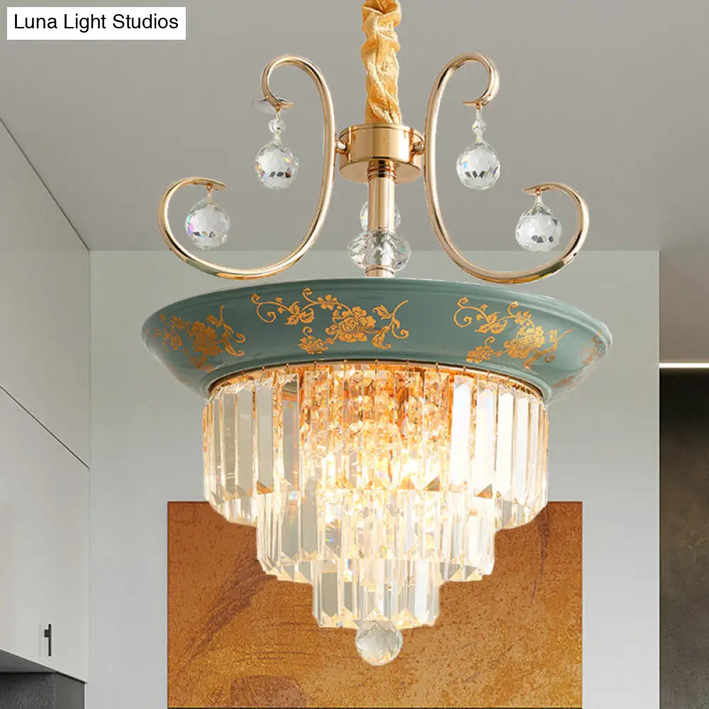 Contemporary Cone Crystal Rod Ceiling Light 3/5 Heads With Green/Dark Green Chandelier Illumination