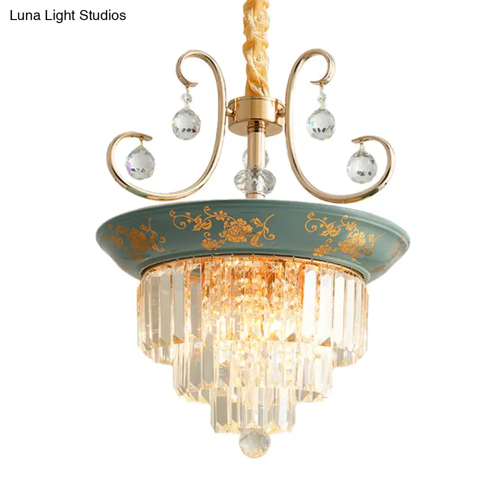 Contemporary Cone Crystal Rod Ceiling Light 3/5 Heads With Green/Dark Green Chandelier Illumination