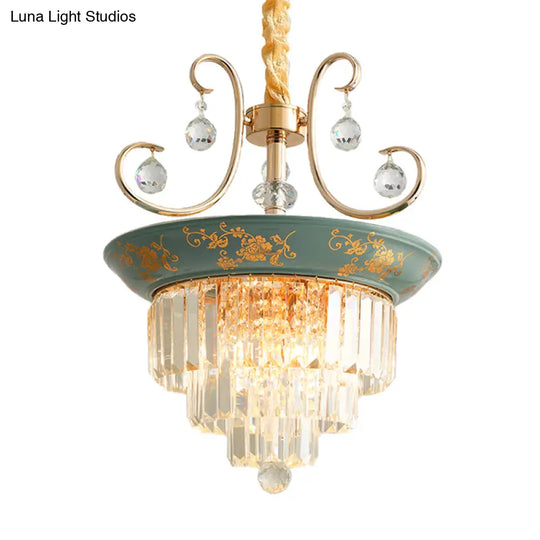 Contemporary Cone Crystal Rod Ceiling Light 3/5 Heads With Green/Dark Green Chandelier Illumination