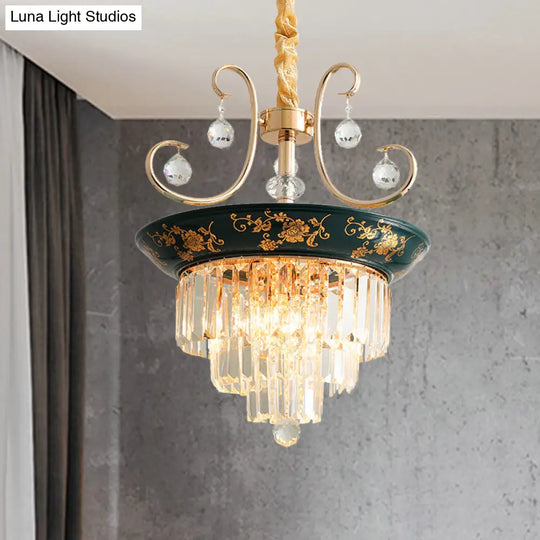 Contemporary Cone Crystal Rod Ceiling Light 3/5 Heads With Green/Dark Green Chandelier Illumination
