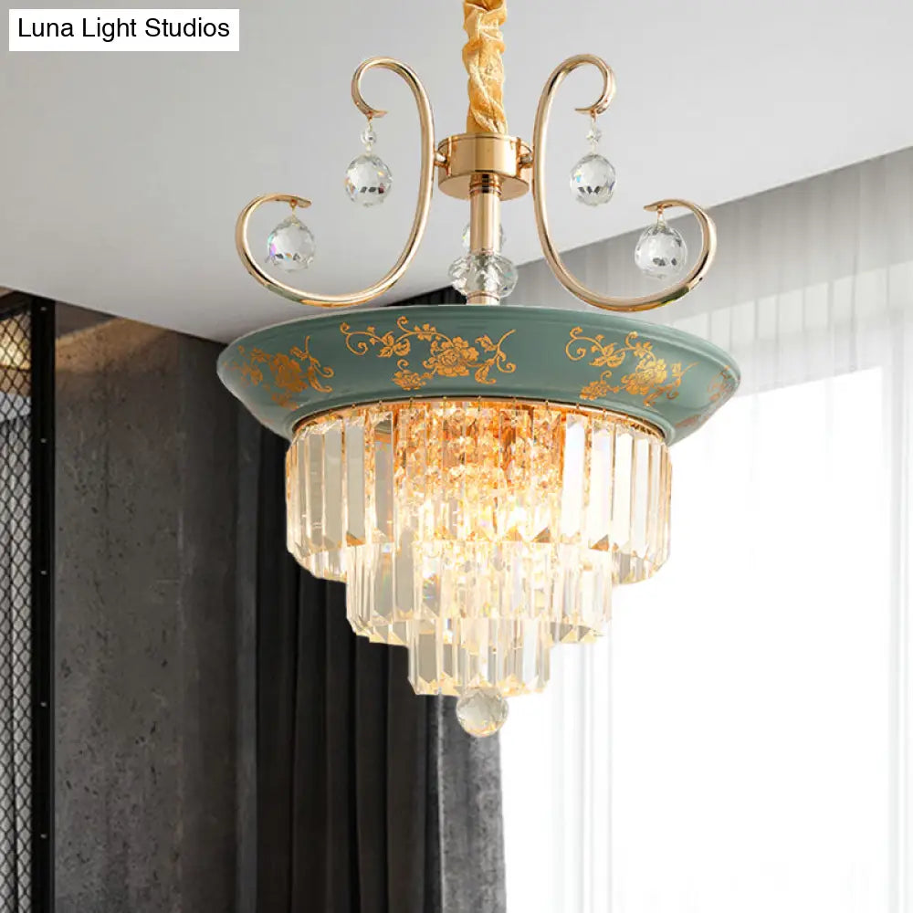 Contemporary Cone Crystal Rod Ceiling Light 3/5 Heads With Green/Dark Green Chandelier Illumination
