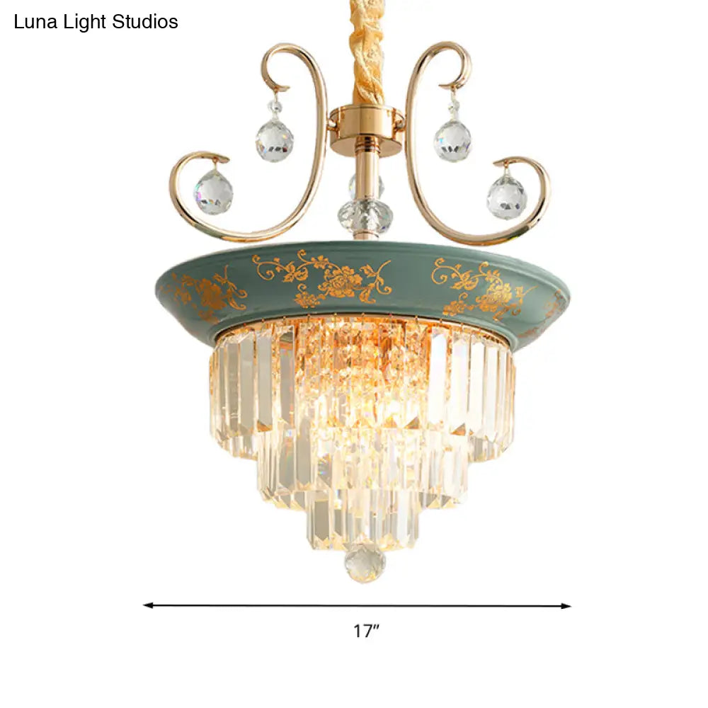 Contemporary Cone Crystal Rod Ceiling Light 3/5 Heads With Green/Dark Green Chandelier Illumination