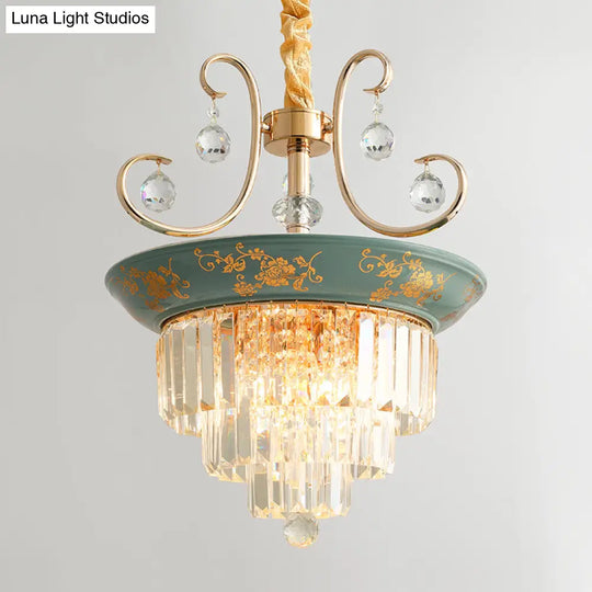 Contemporary Cone Crystal Rod Ceiling Light 3/5 Heads With Green/Dark Green Chandelier Illumination