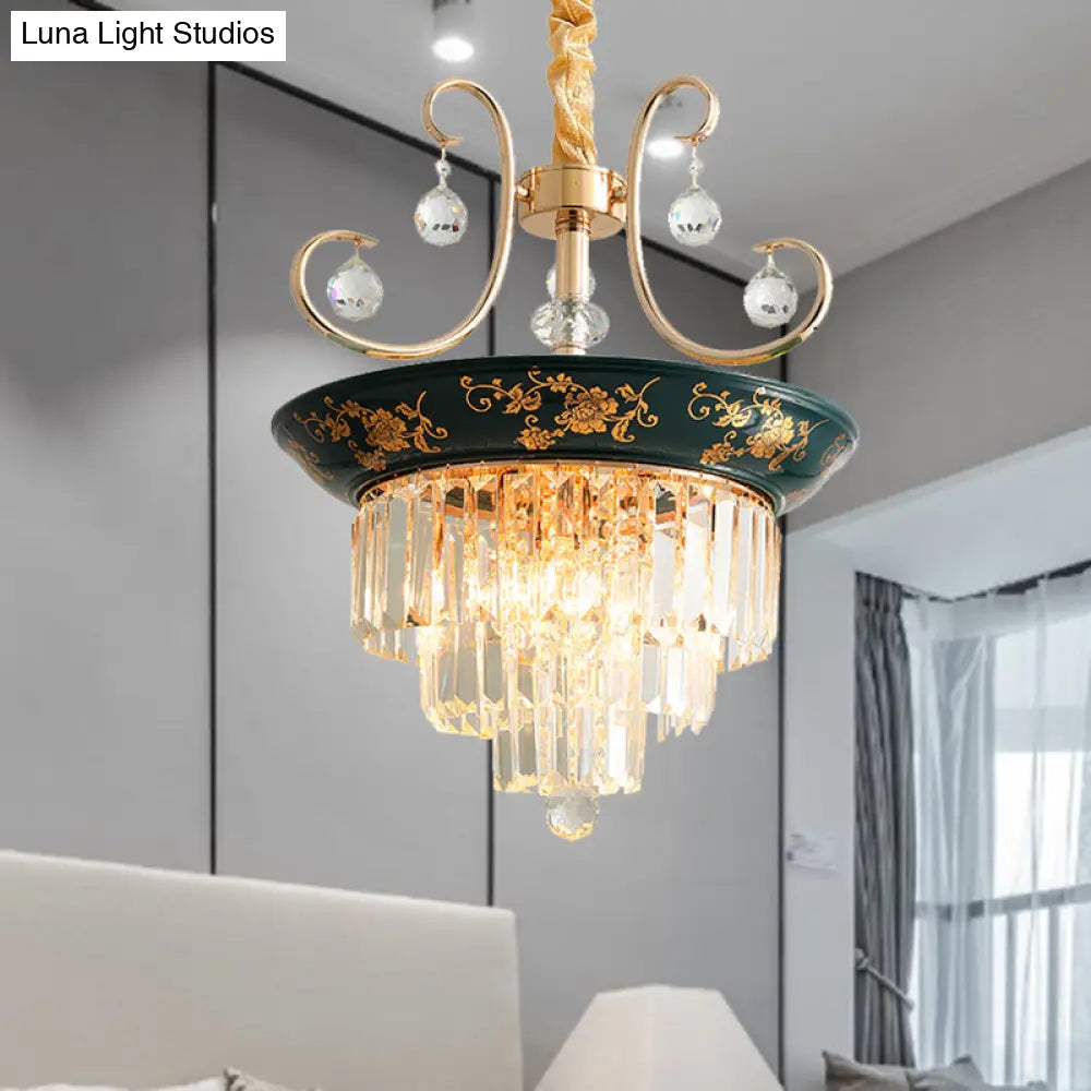 Contemporary Cone Crystal Rod Ceiling Light 3/5 Heads With Green/Dark Green Chandelier Illumination