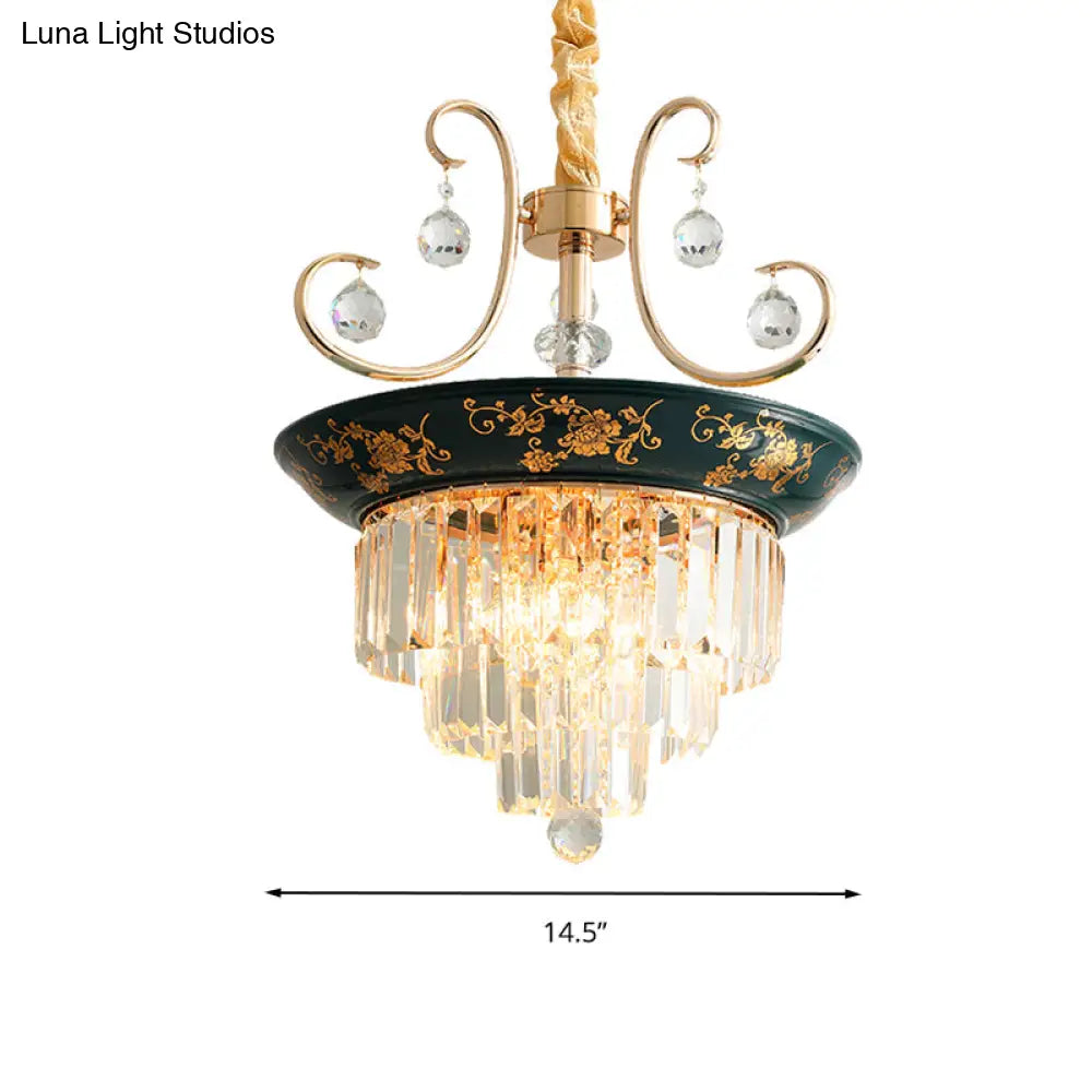 Contemporary Cone Crystal Rod Ceiling Light 3/5 Heads With Green/Dark Green Chandelier Illumination