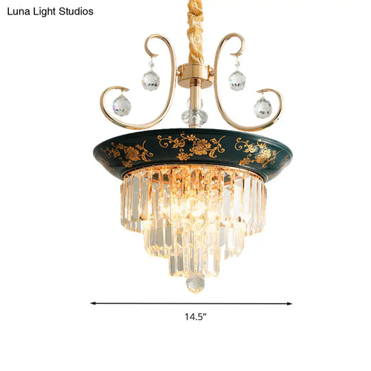 Contemporary Cone Crystal Rod Ceiling Light 3/5 Heads With Green/Dark Green Chandelier Illumination