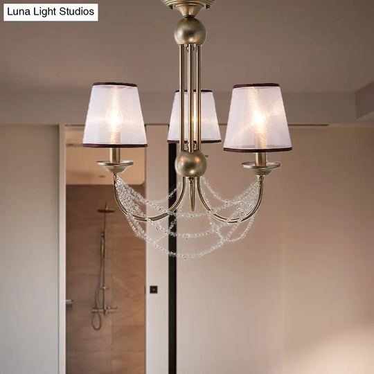 Contemporary Conical Pendant Chandelier With Crystal Bead - Brass Hanging Light Fixture 3/6 Fabric