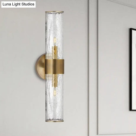 Contemporary Crackle Glass Wall Mounted Lighting: 2 Bulb Cylindrical Sconce In Brass