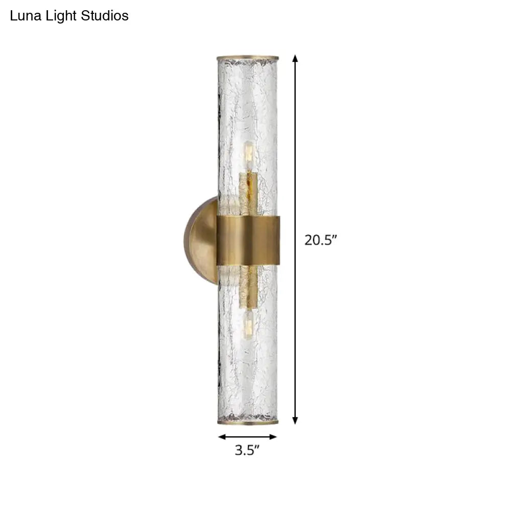 Contemporary Crackle Glass Wall Mounted Lighting: 2 Bulb Cylindrical Sconce In Brass