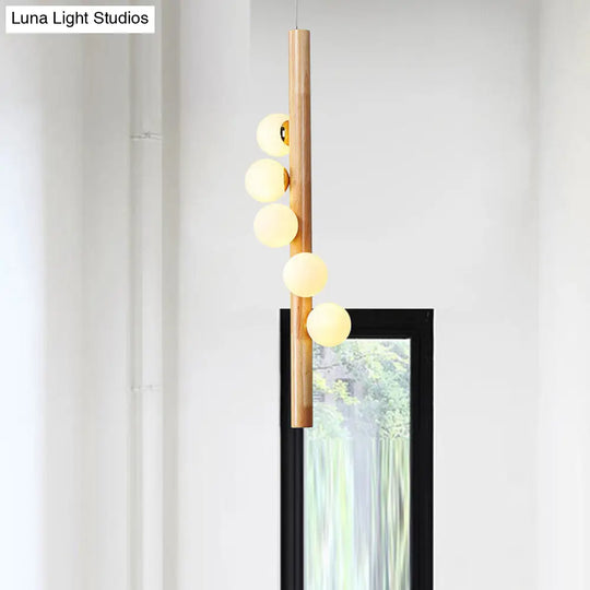 Contemporary Cream Glass Modo Chandelier Lighting With 5 Wood Pendant Lights – Ideal For Restaurants