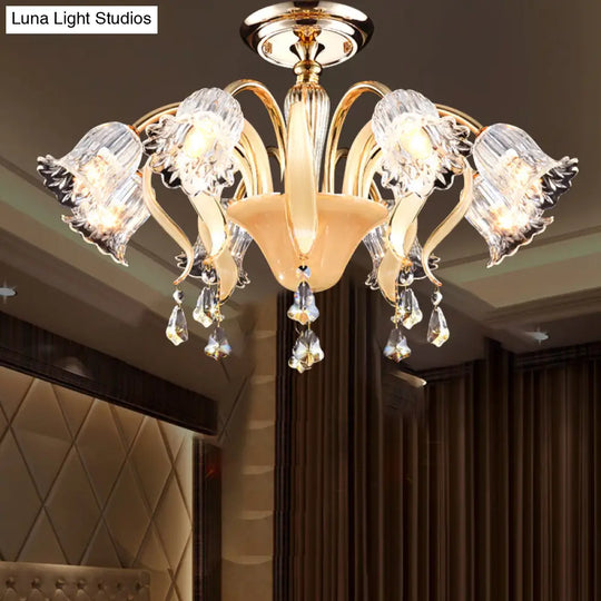 Contemporary Crystal 8-Head Gold Flower Bedroom Ceiling Lamp