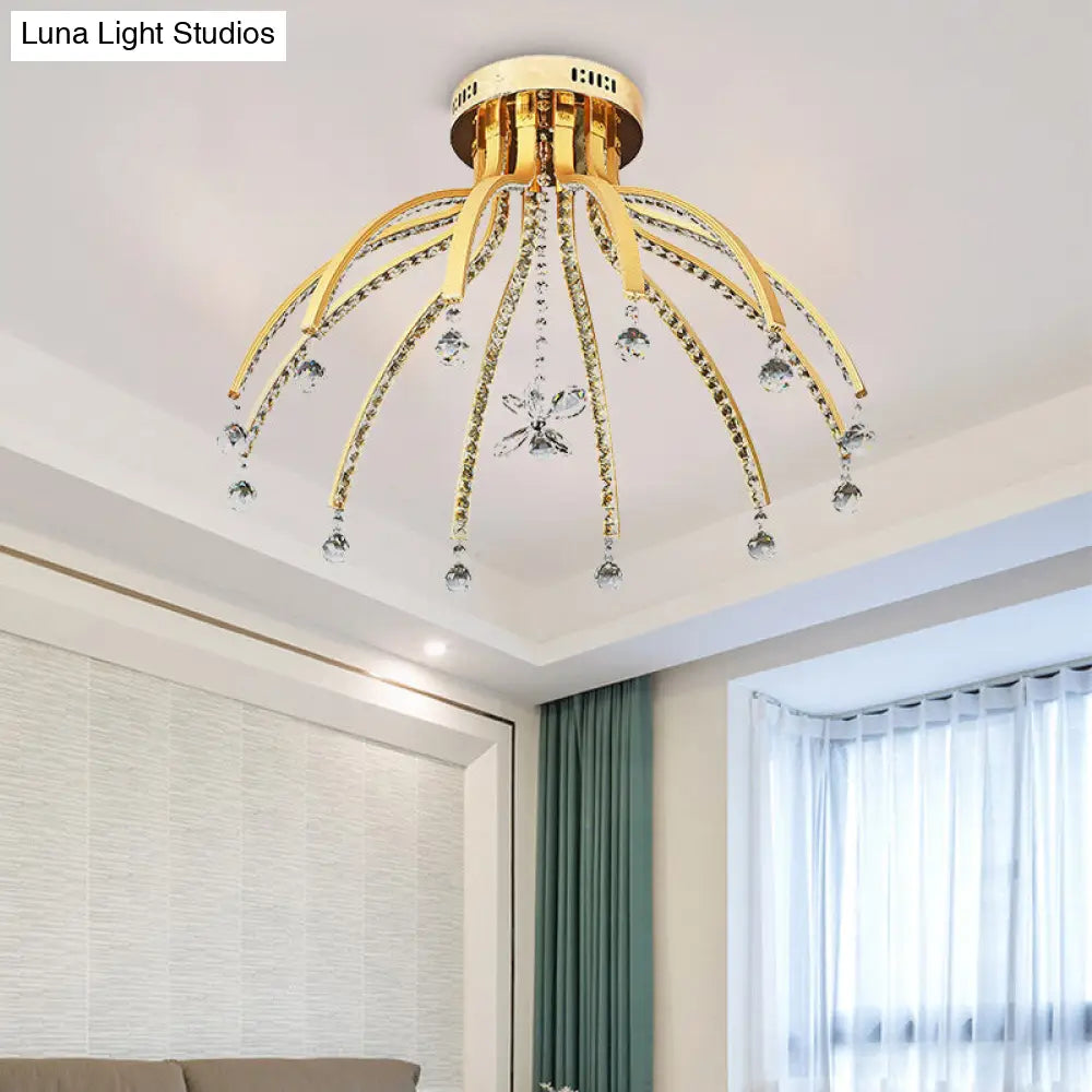 Contemporary Crystal Ball Sputnik Ceiling Mount - Gold Led Semi Flush Light Fixture With 12 Bulbs In