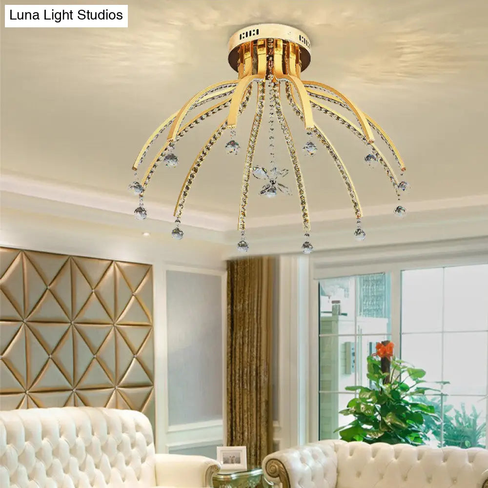 Contemporary Crystal Ball Sputnik Ceiling Mount - Gold Led Semi Flush Light Fixture With 12 Bulbs In