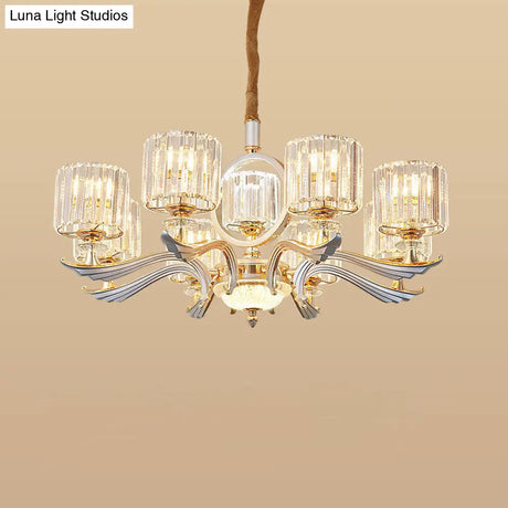 Contemporary Crystal Block Cylinder Suspension Light Chandelier - Silver 6/8-Head Ideal For Dining