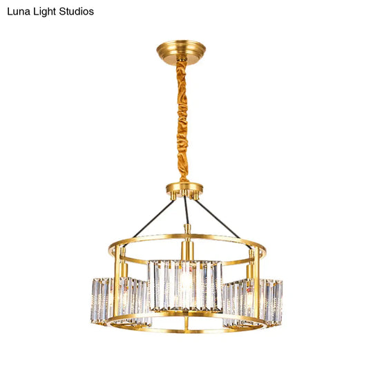Contemporary Crystal Blocks Clear Chandelier With Metal Frame - 3 Heads Gold Hanging Drum Light Kit