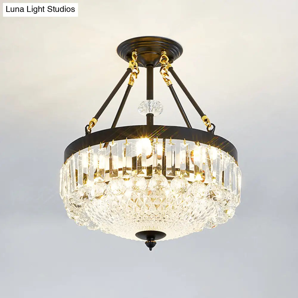 Contemporary Crystal Bowl Semi Flush Light - 4/6 Heads 14.5’/18.5’ Width Ceiling Mount Black Frame