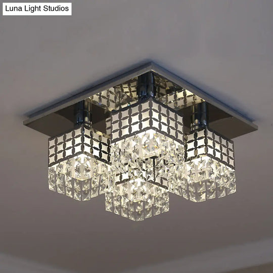 Contemporary Crystal Ceiling Fixture: Silver Square Semi-Flush Mount With 8 Clear Heads
