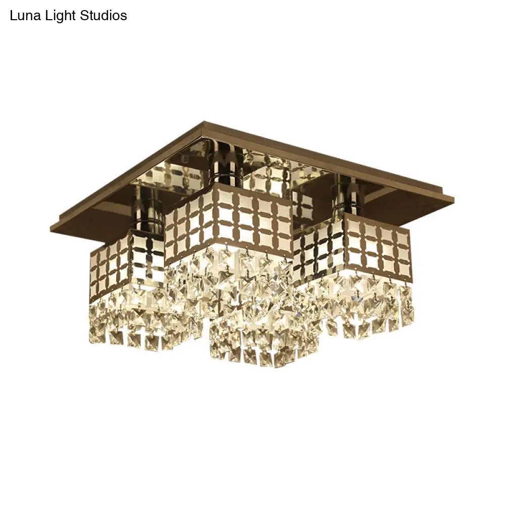 Contemporary Crystal Ceiling Fixture: Silver Square Semi - Flush Mount With 8 Clear Heads