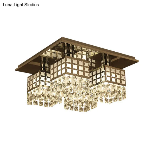 Contemporary Crystal Ceiling Fixture: Silver Square Semi - Flush Mount With 8 Clear Heads