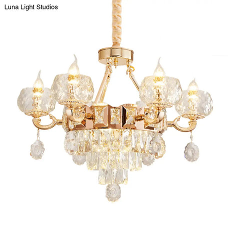 Contemporary Crystal Chandelier Lamp - 6/8 Bulbs Gold Drop Pendant With Clear Bowl Shade And Candle