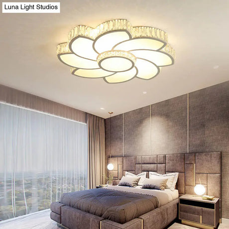 Contemporary Crystal Floral Led Flush Light For Bedroom - 23.5/31.5/39 White 3 Colors Remote Control
