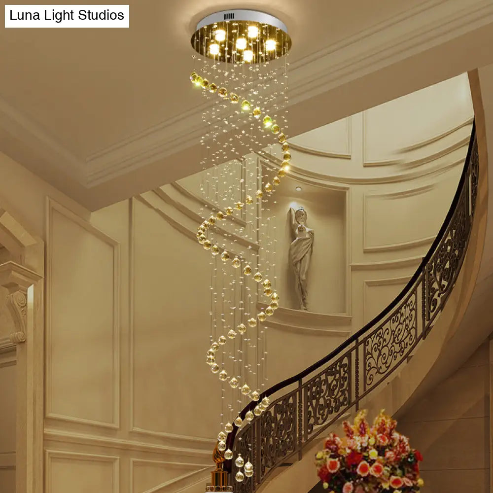 Contemporary Crystal Gold Pendant With Led Spiral 6-Head Multi Light Hanging Lamp