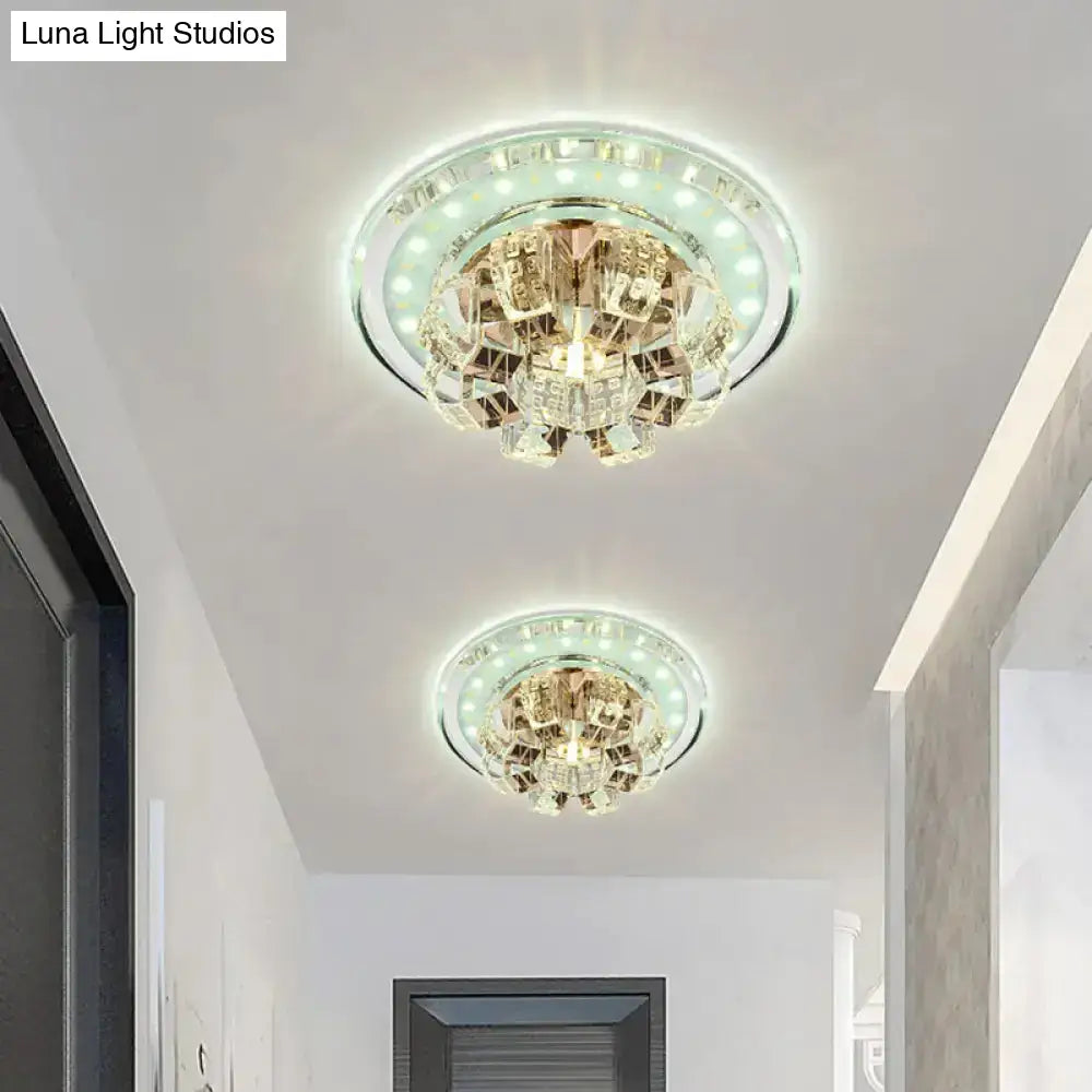 Contemporary Crystal Led Ceiling Light: Round Flush Mount In Chrome / White